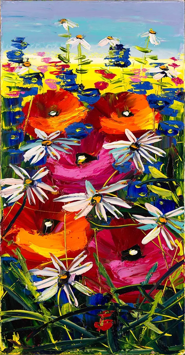 Colorful impasto painting of a summer flower meadow.