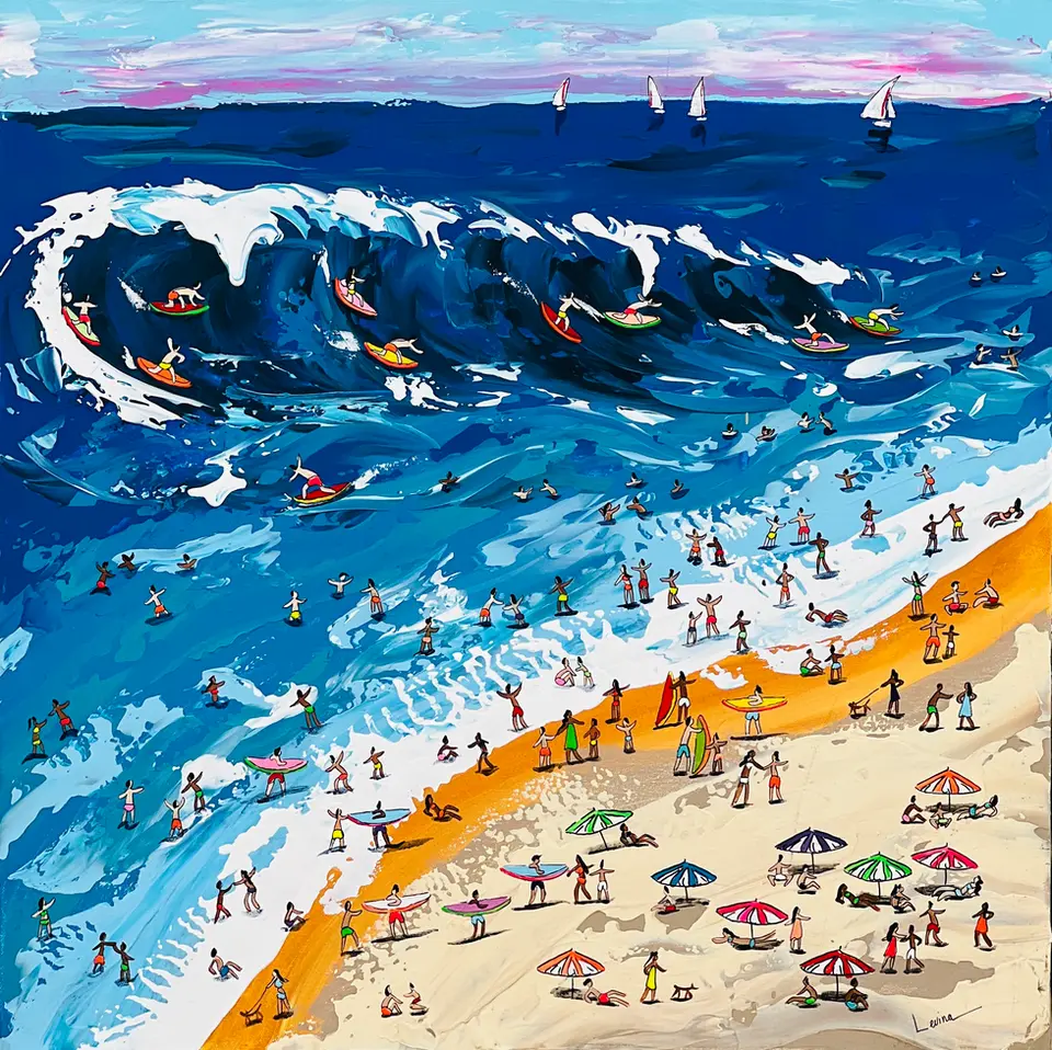  Large crashing wave with surfers and a busy beach full of people and umbrellas by Liza Levina