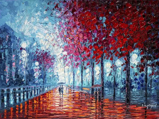 People with umbrellas on a luminous red street surrounded by trees