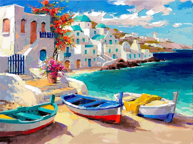  Boats on a sunlit Mediterranean shore with white houses and flowers by Anatoly Metlan