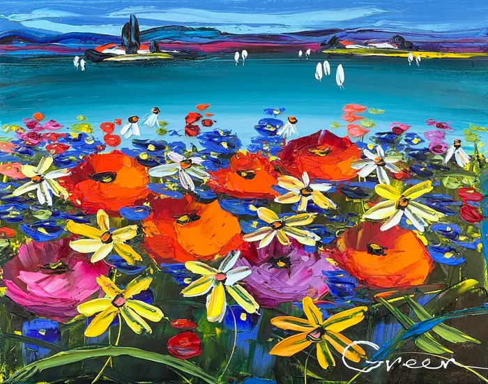 Impasto field of flowers under a swirling blue sky.