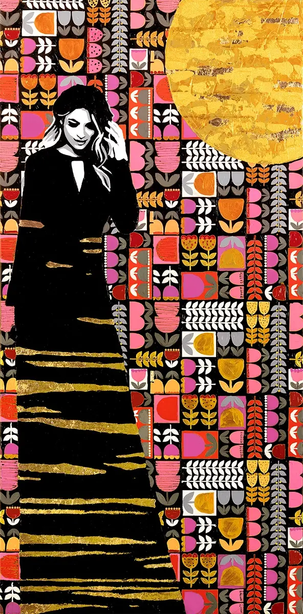 Abstract depiction of a woman in a graphic dress against bold patterns, celebrating fashion and design