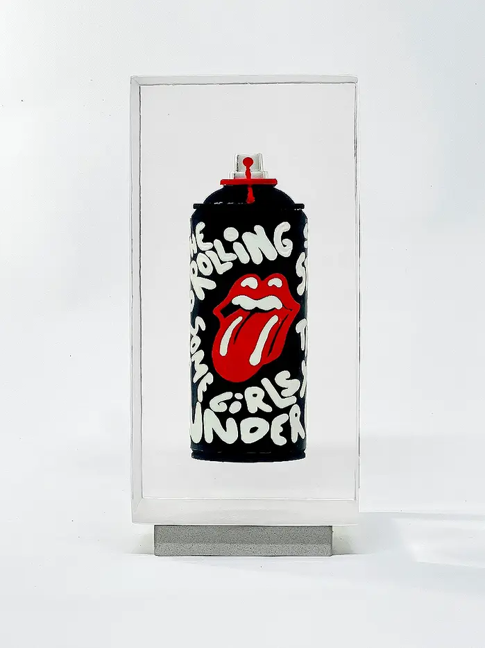 Dr Pop's signature resin-encased spraycan, featuring an artwork inspired by The Rolling Stones