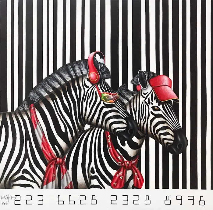 Painting of zebras with human accessories against a barcode background, blending surrealism and modern sophistication.