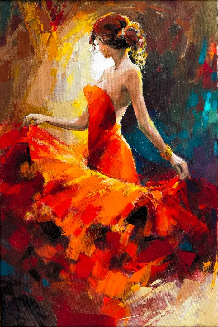  Woman in red dress dancing under warm light with expressive brushwork by Anatoly Metlan
