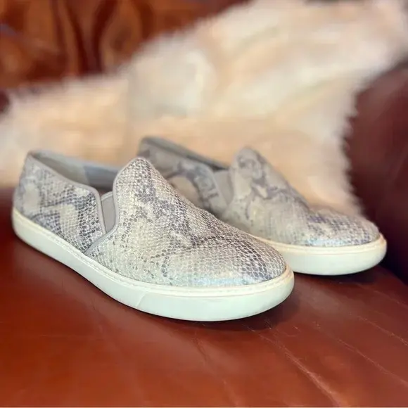Cole Haan Silver and Gray Snakeskin Slip Ons