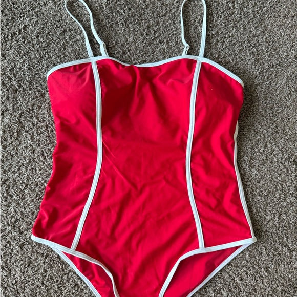 NWOT Red One-Piece Swimsuit with White Trim and Stripe