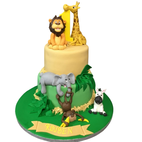 A stunning safari themed cake featuring two intricately designed animal figures on the top tier, perfect for animal lovers and themed celebrations.