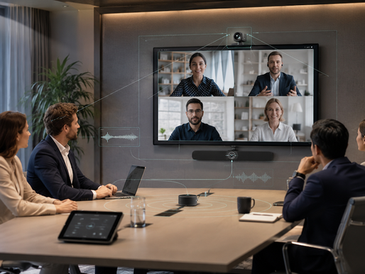 Sala de reunião equipada com câmara inteligente, sistema integrado de áudio e solução profissional de videoconferência.