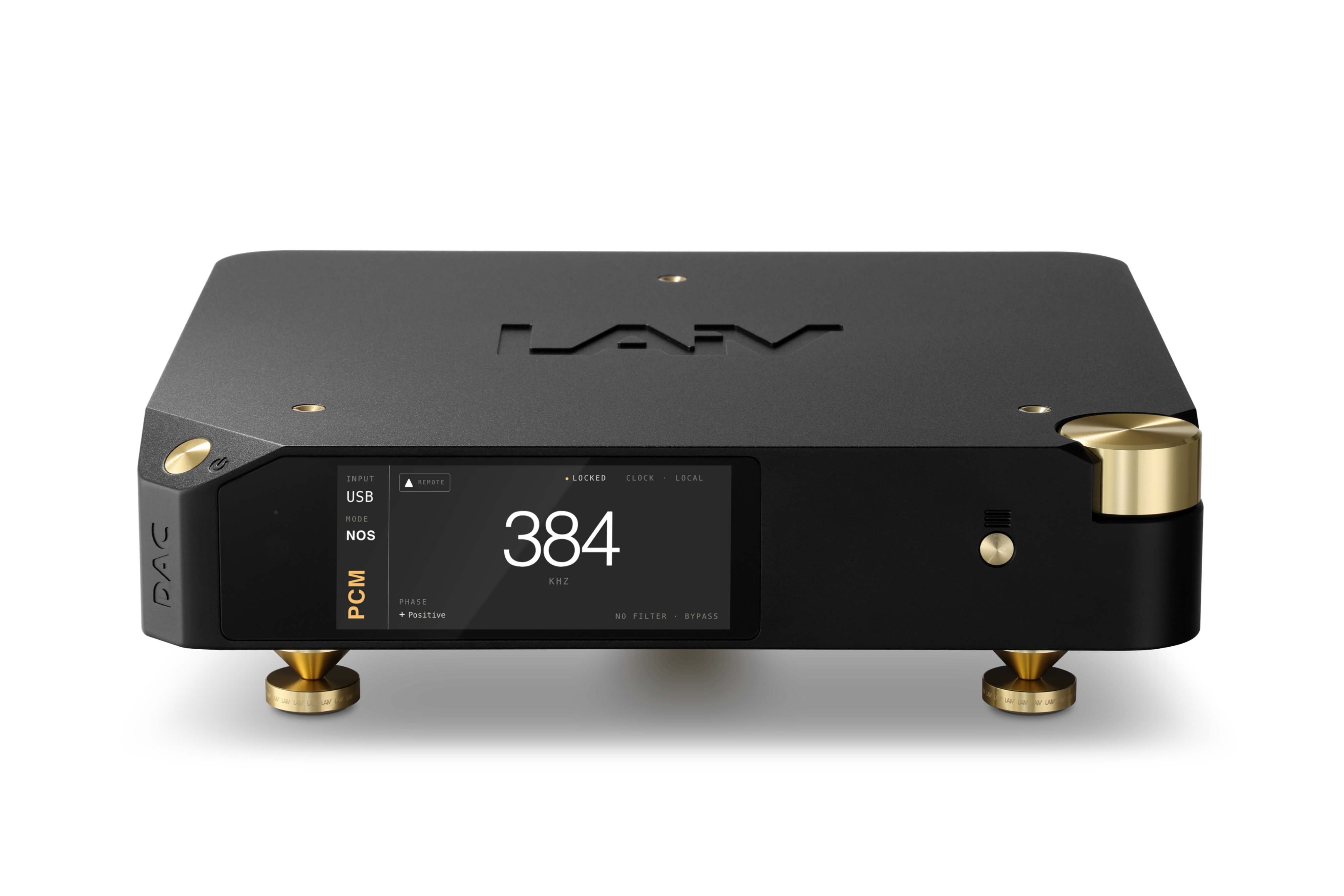 LAiV Harmony DAC 2 discrete R2R ladder DAC in black, top front angled view with colour display