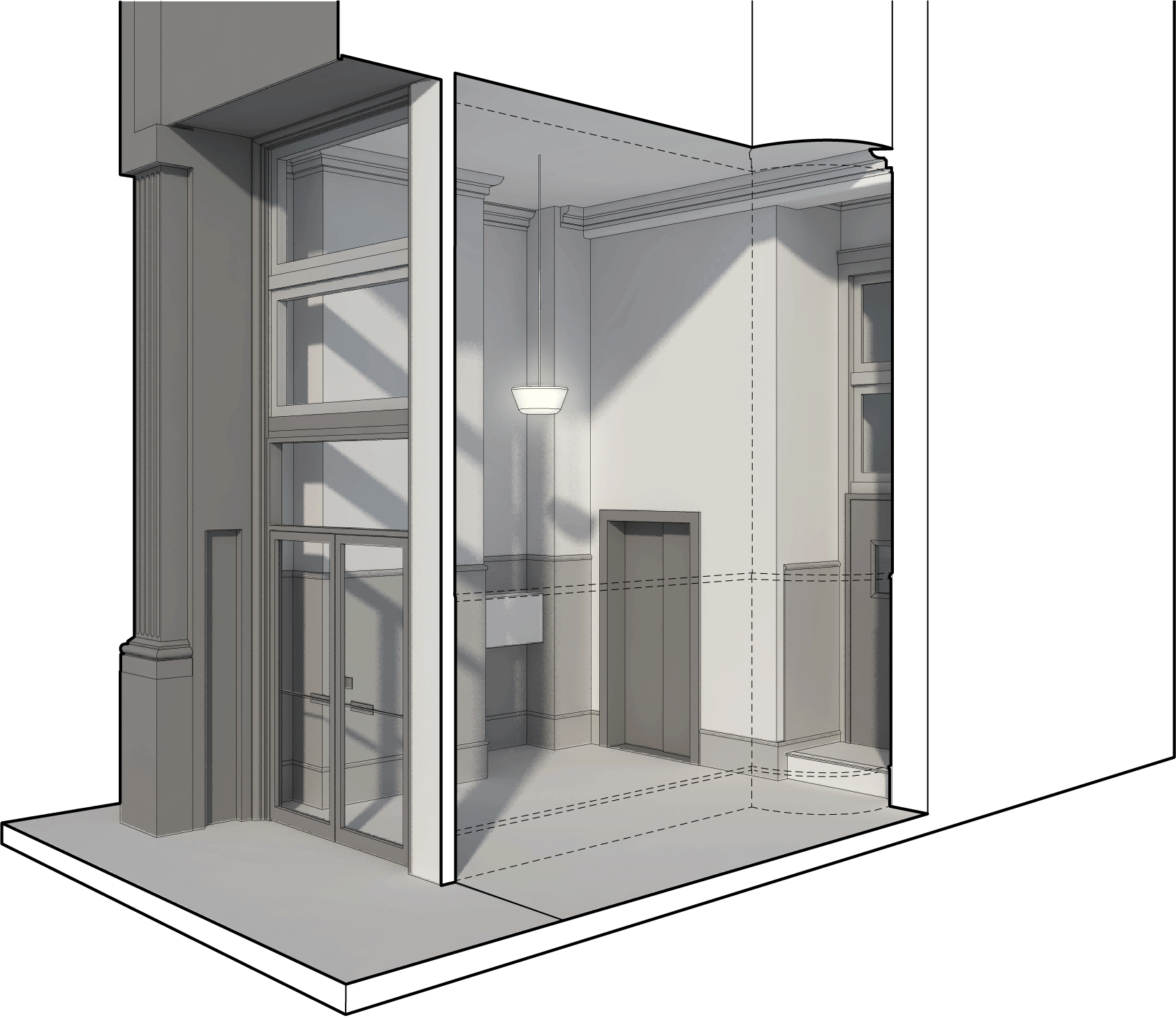 Axonometric rendering of Gramercy Lobby.