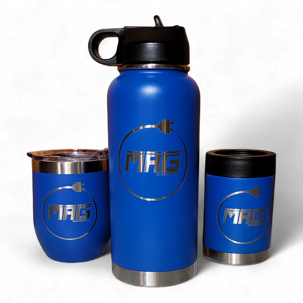 Mage Électrique Branded Blue Bottle and Tumblers