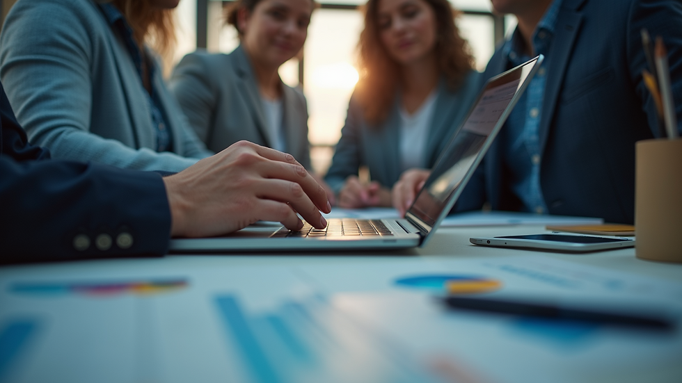 Eye-level view of a marketing team analyzing data on a laptop