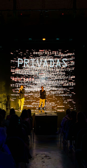Vista desde el público de dos intérpretes en micrófonos frente a una pantalla con las palabras "privadas" y "desprestigio"