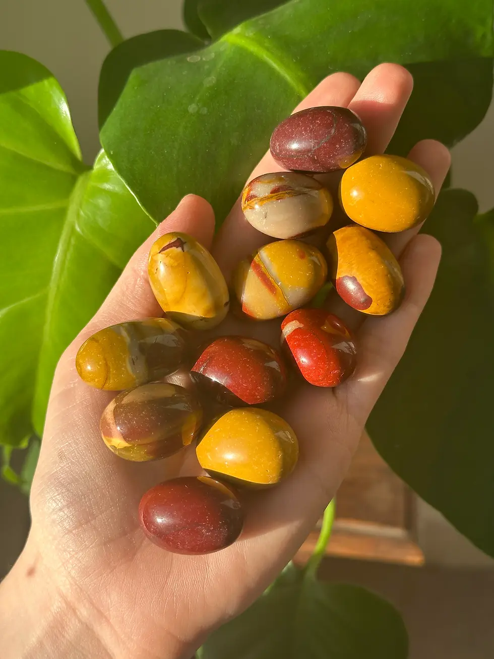 Mookaite Jasper tumblestones in hand under sunlight