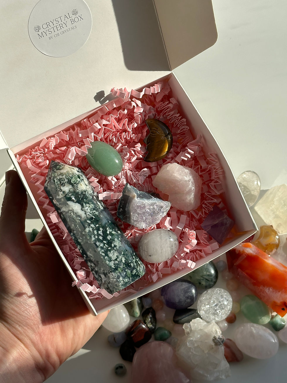Thumbnail: Healing crystal mystery box with assorted crystals and carvings