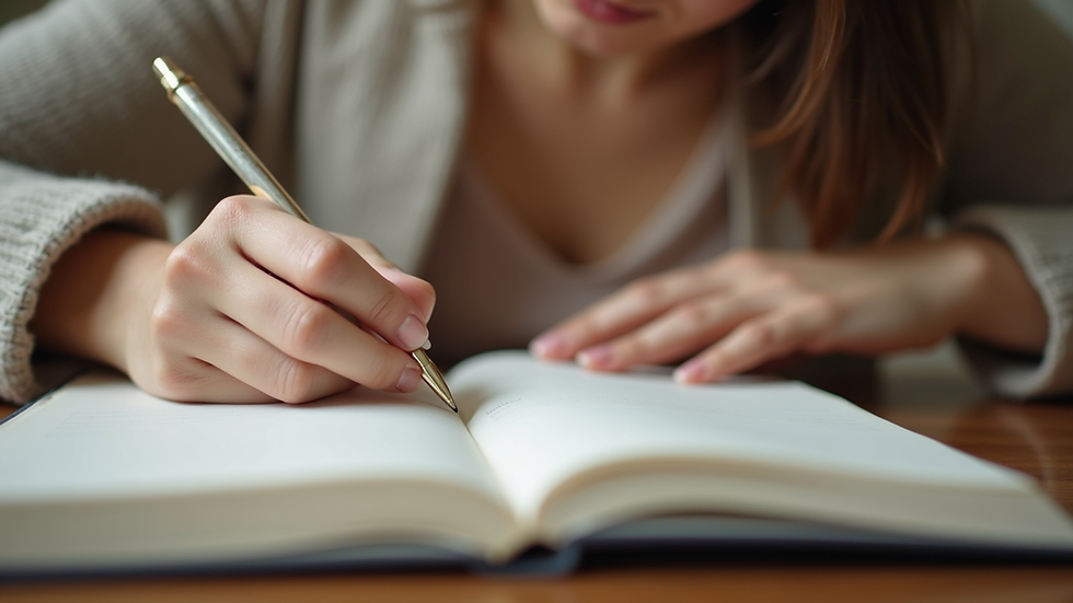 Close-up view of a woman writing in a self-love workbook