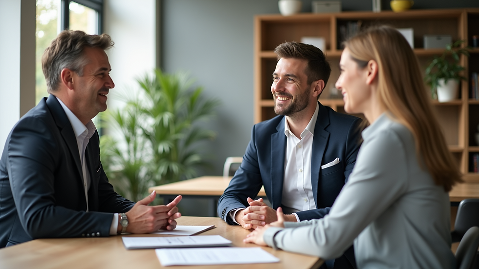 Eye-level view of a friendly real estate consultant discussing with a couple