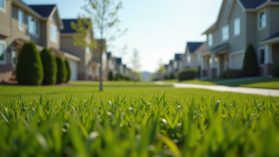Eye-level view of a suburban neighborhood with houses and green lawns