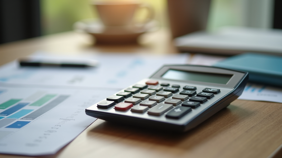 Close-up view of a calculator and financial documents on a wooden table