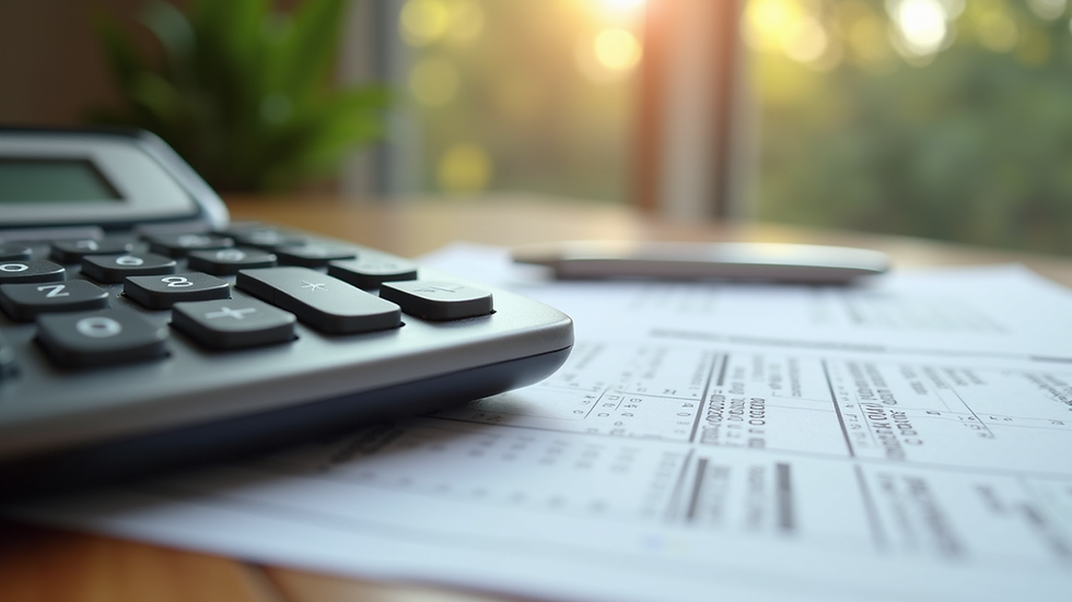 Close-up view of a calculator and property documents on a wooden table