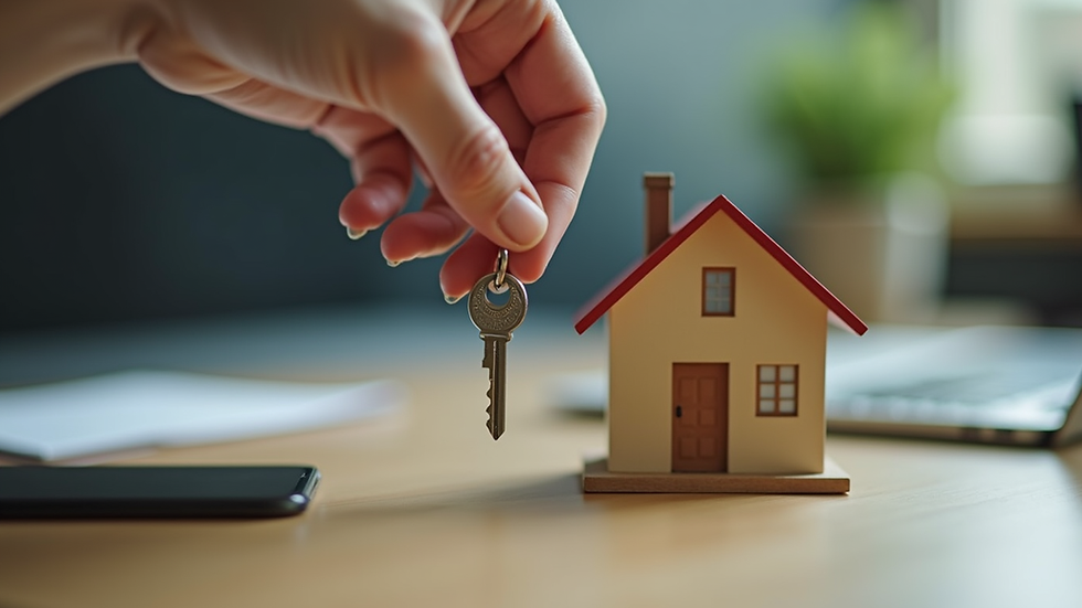 Close-up view of a hand holding a small house model with a key