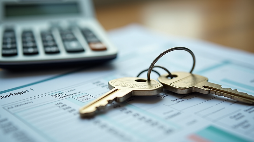 Close-up view of a calculator and house keys on a financial document