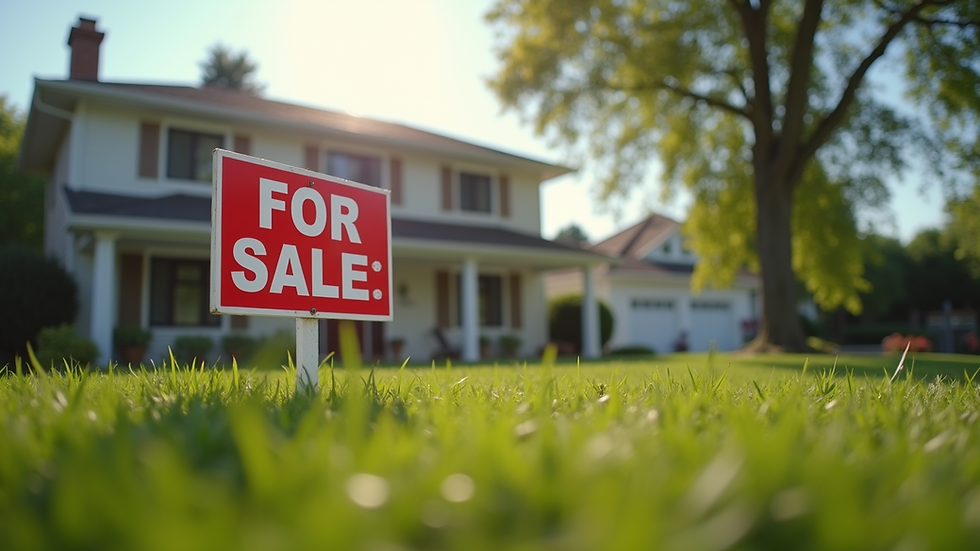 Eye-level view of a suburban house with a "For Sale" sign in the front yard