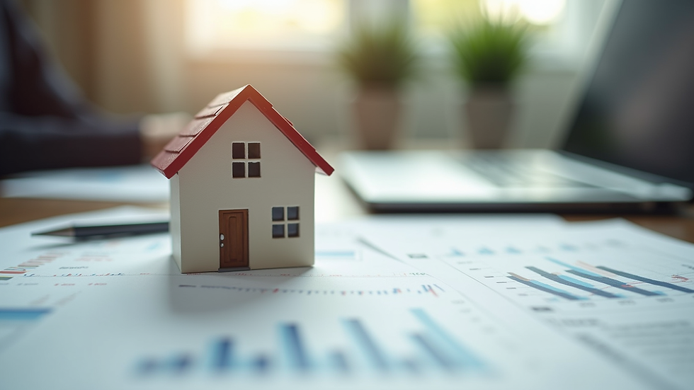 Close-up view of a house model and financial documents on a desk