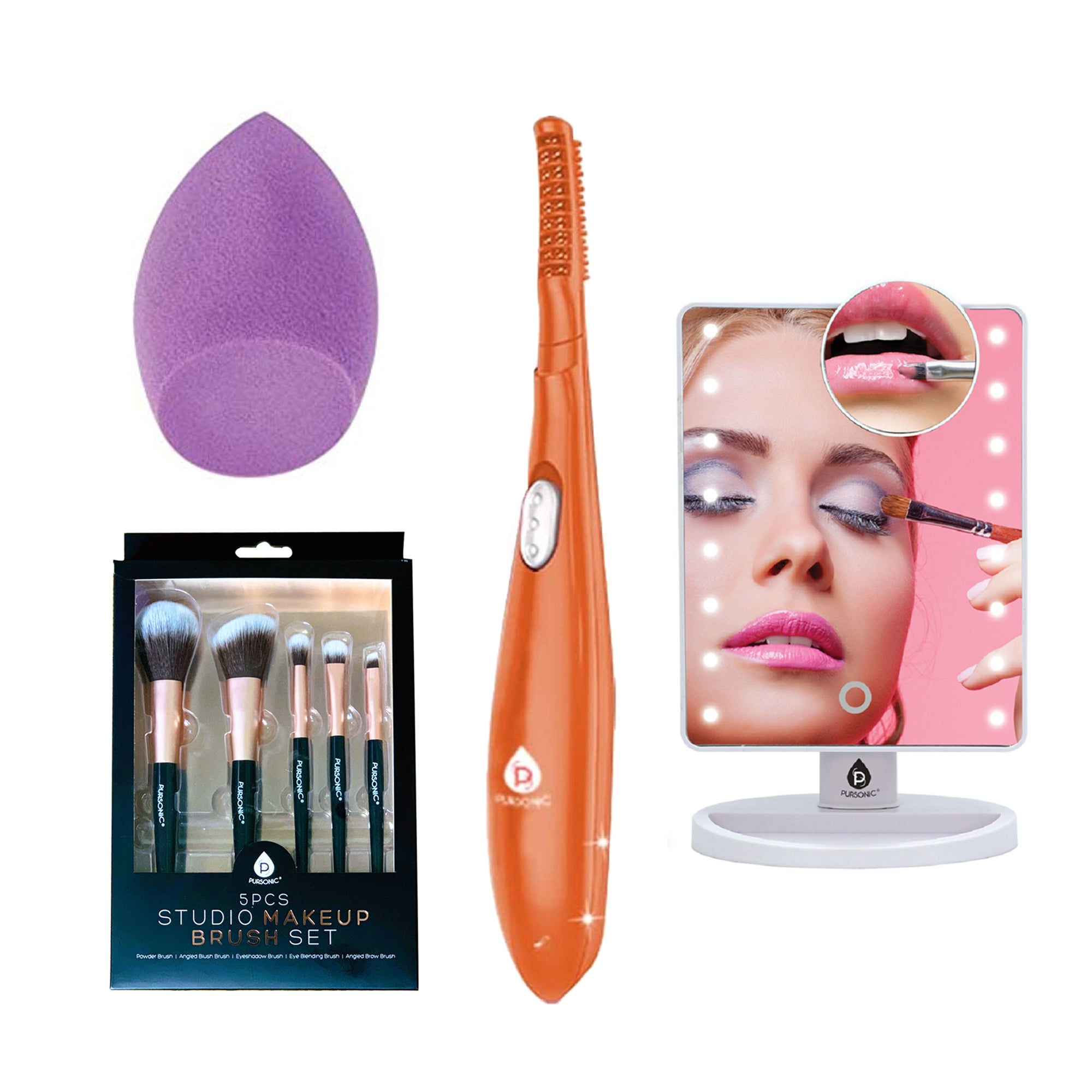 Pursonic Beauty Collection: Heated Curler, LED Mirror, Blender Sponge, & Brush S