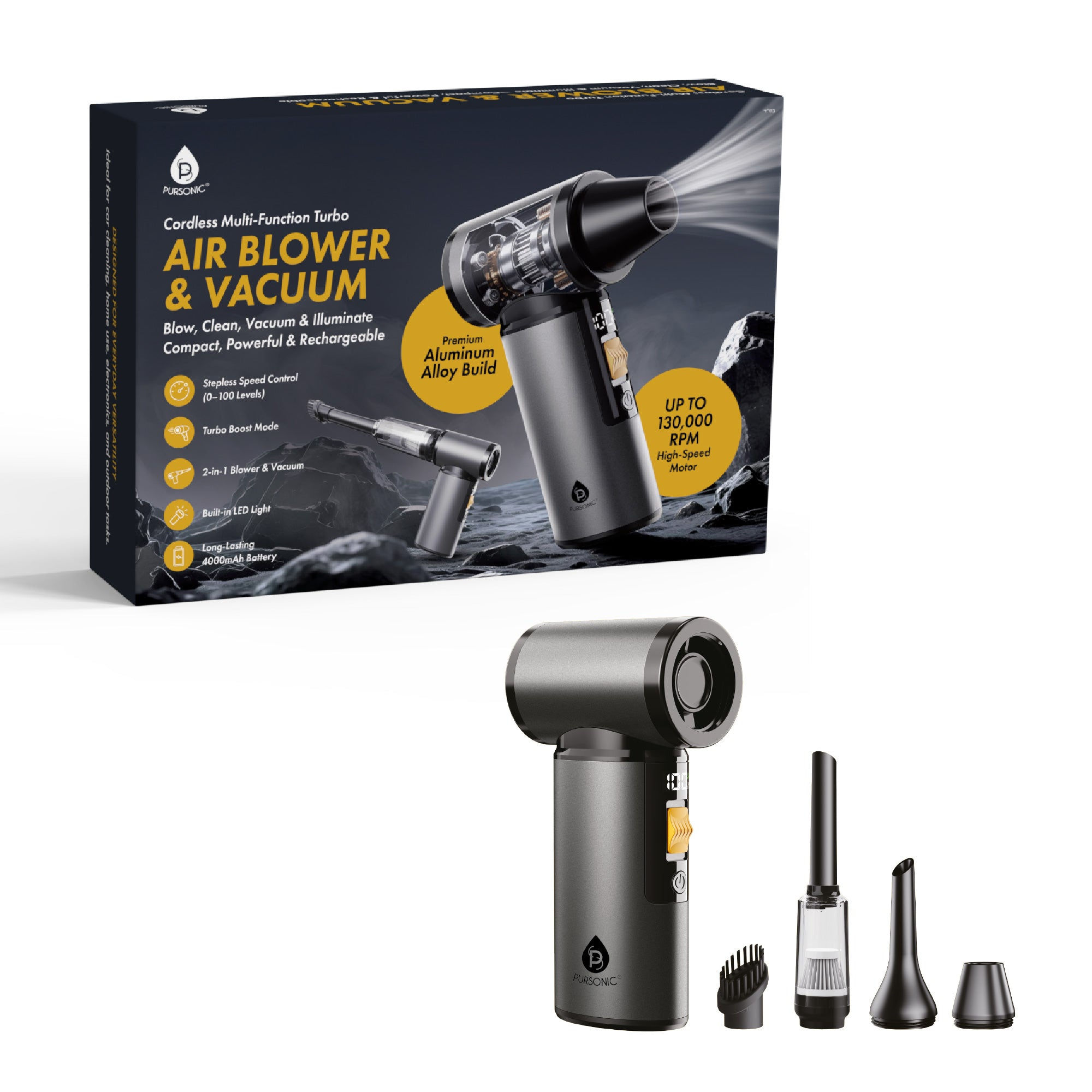 Cordless Multi-Function Turbo Air Blower & Vacuum With 130,000 RPM for Fast & De