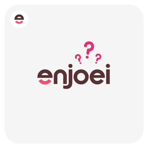 Logo tipográfica da empresa Enjoei e pontos de interrogação