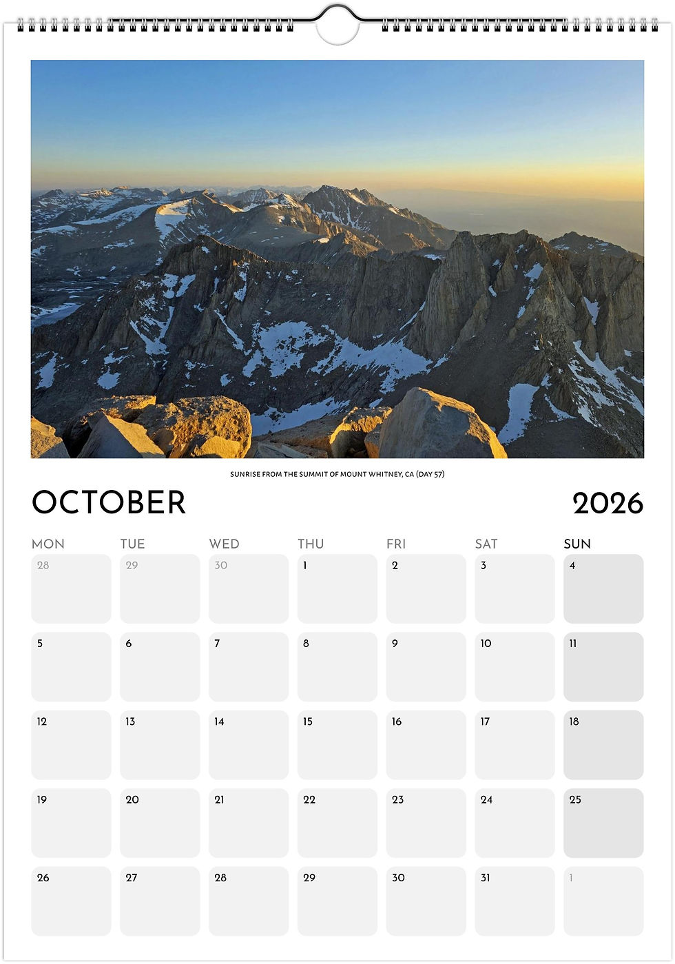 Thumbnail: October page of the A3 2026 PCT calendar showing a photo from the trail.