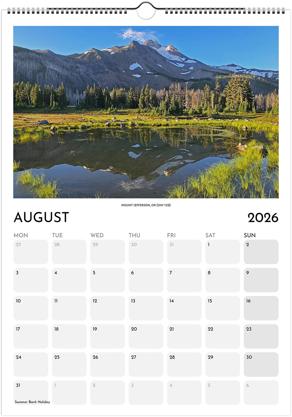 Thumbnail: August page of the A3 2026 PCT calendar showing a photo from the trail.