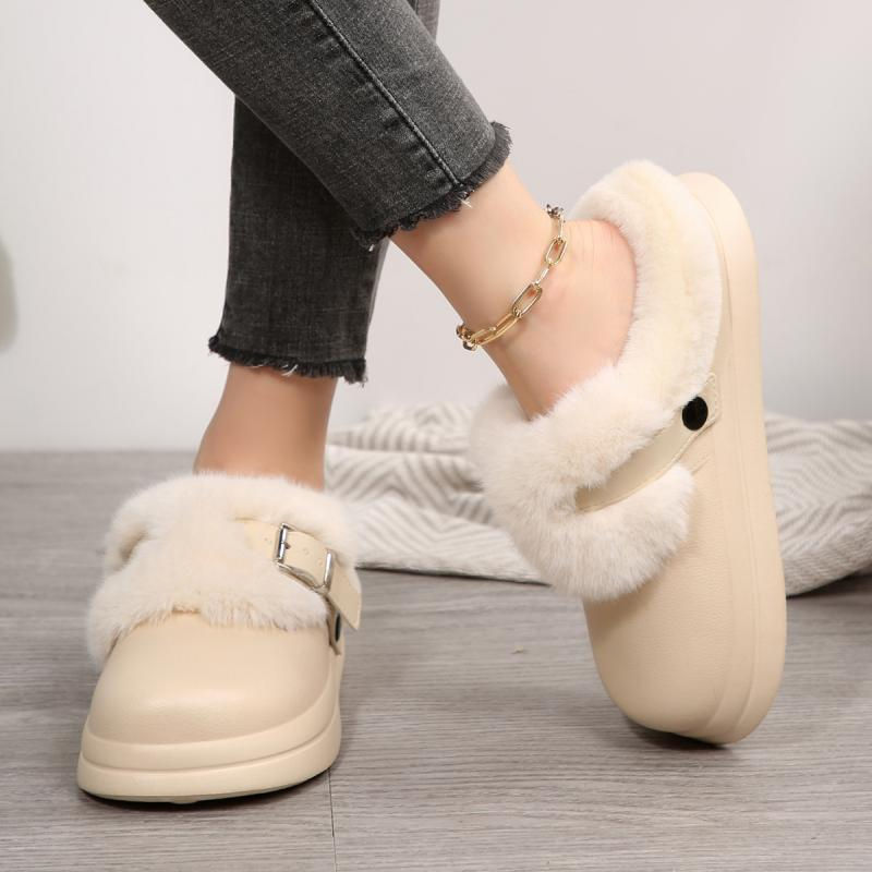 Thumbnail: Waterproof Eva Thick Bottom Furry Clogs Women 2025 Winter Metal Buckle Fluffy Fu