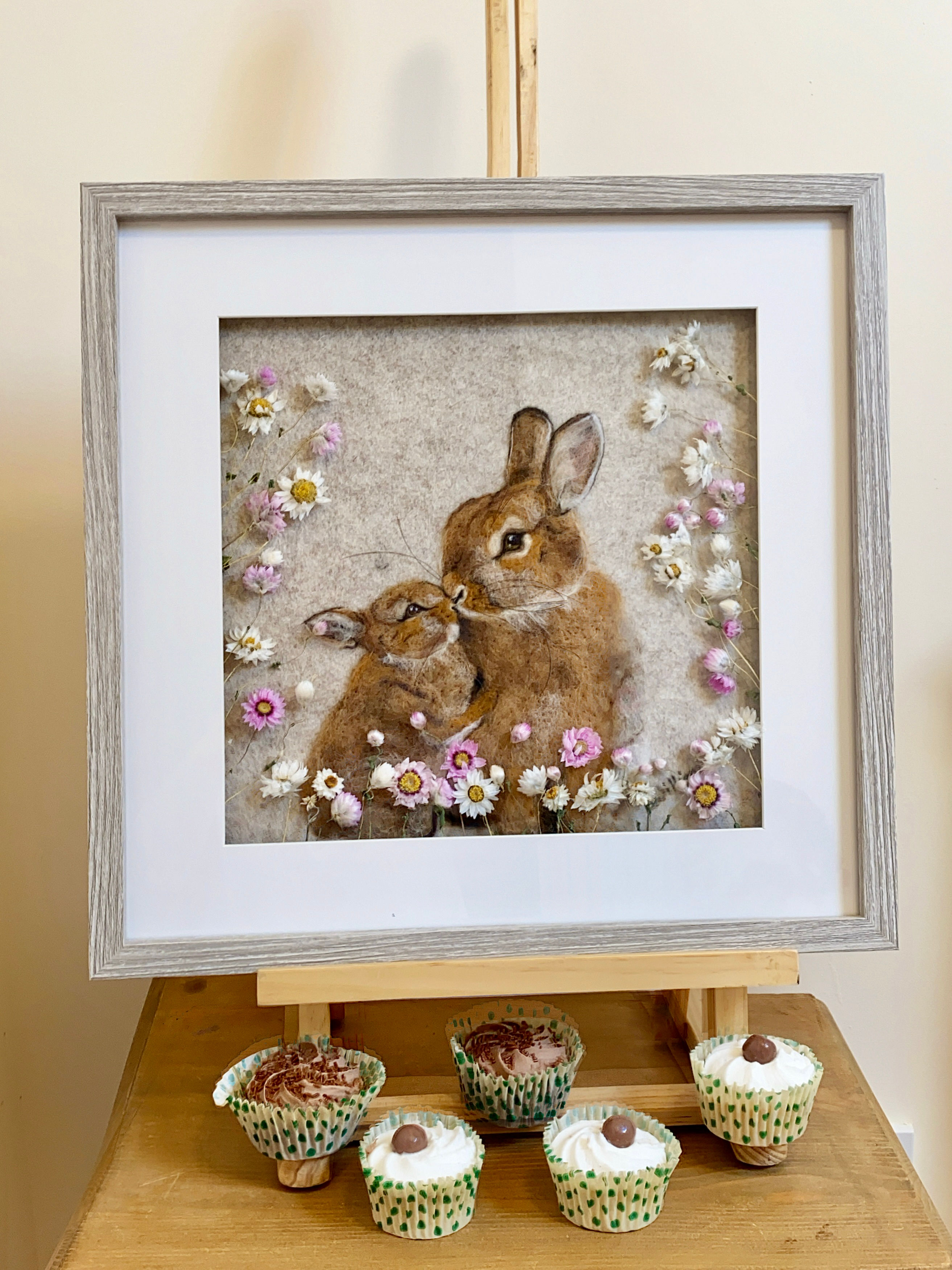 Handmade Needle Felt Rabbit and Baby Portrait – Nursery Farmhouse Decor UK