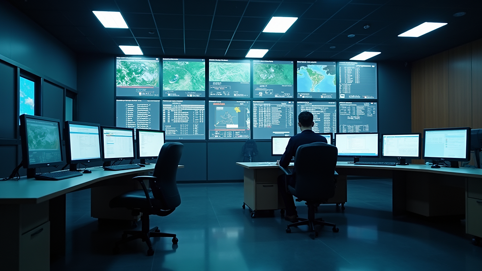Eye-level view of a railway control room with network monitoring screens displaying IPIS status