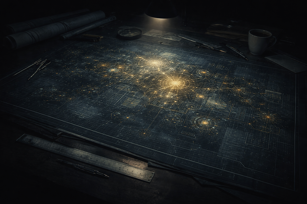 An architectural blueprint illuminated on a desk representing the structured approach to AI governance that the NIST AI Risk Management Framework provides for organizations deploying artificial intelligence.