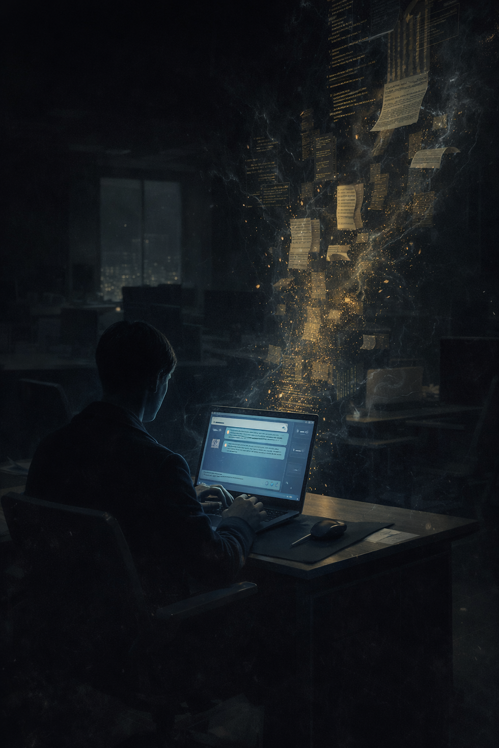 A person typing into an AI chat interface at night as corporate documents dissolve into darkness, representing the hidden risk of unsanctioned AI tool use inside organizations.