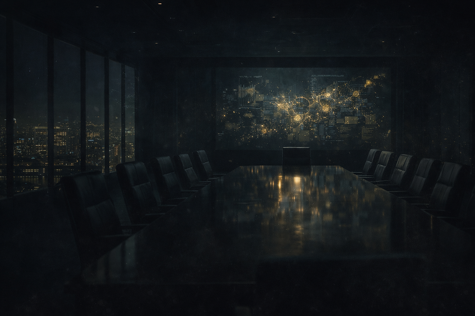 A dark empty boardroom at night with a city skyline visible through floor to ceiling windows, representing the leadership accountability gap in organizational AI governance.