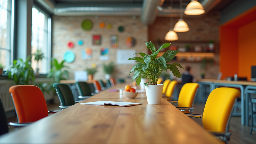 Eye-level view of a vibrant workspace with colorful decor