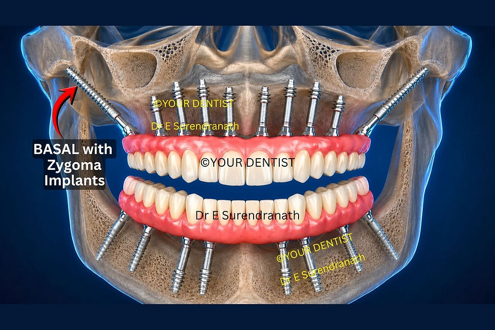 Basal with zygomatic implants supporting full mouth fixed teeth in advanced severe bone loss dental case Vijayawada