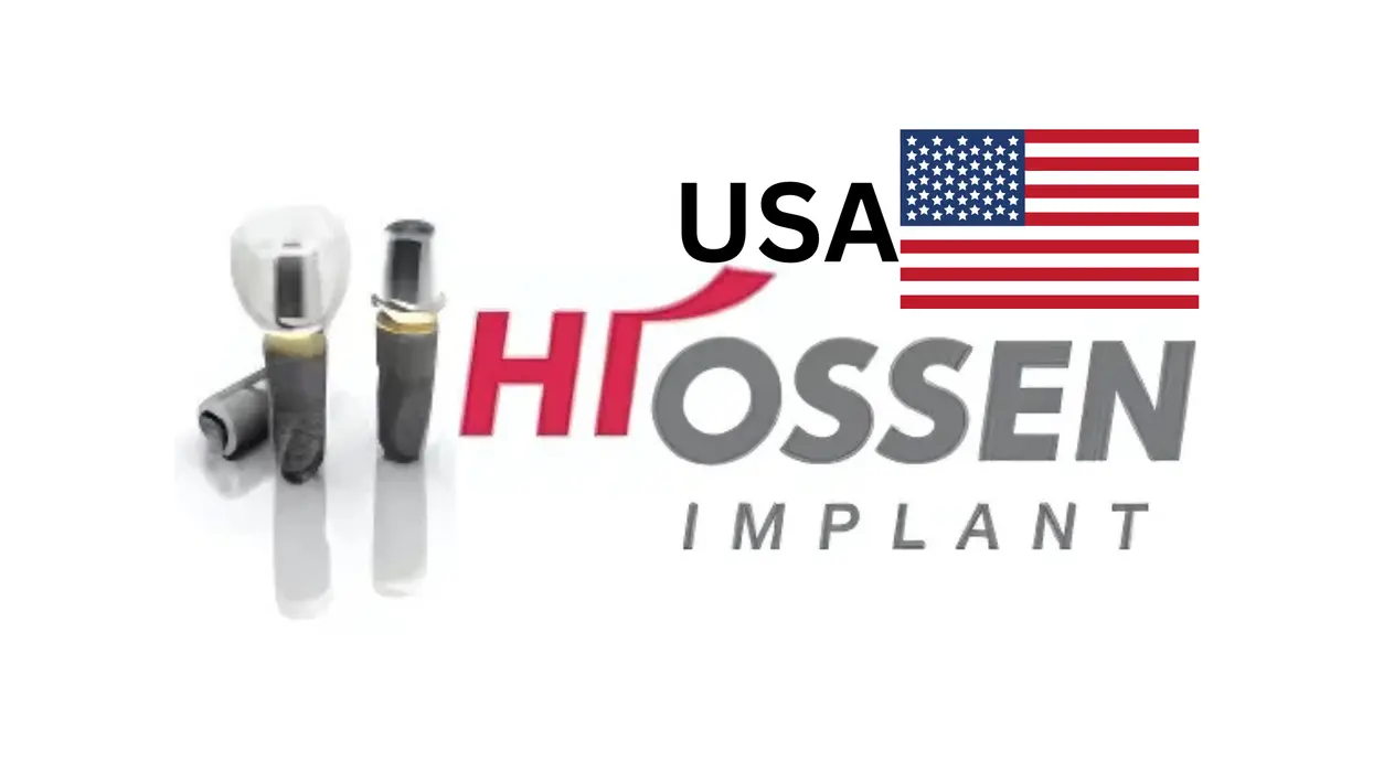 Hiossen Implant logo with USA flag and dental implant products.