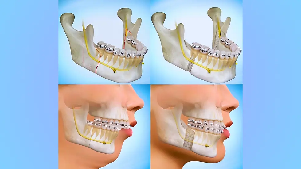 Medical illustration of orthognathic jaw surgery showing before and after skeletal alignment correction