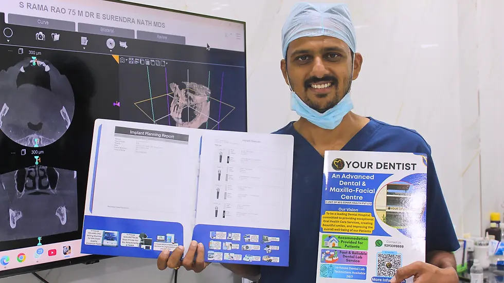 Dr. Surendranath, a resident oral and maxillofacial surgeon and implantologist at YOUR DENTIST Advanced Dental & Maxillo-Facial Centre, is presenting a 3D CBCT-based implant planning report and digital treatment summary in the clinic.
