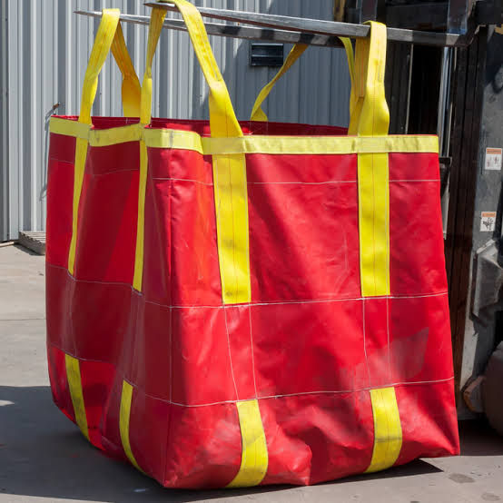 Red bag with yellow straps; on forklift; Pallet Business