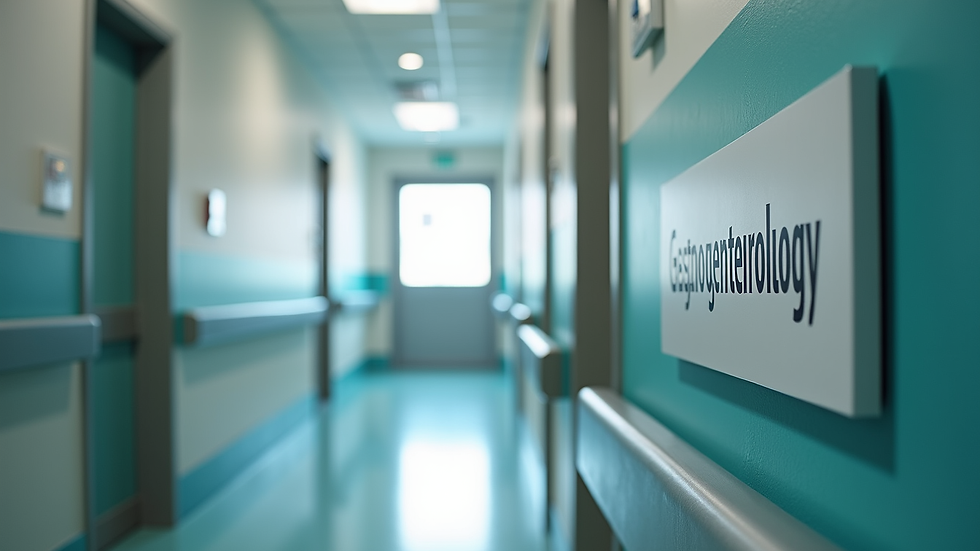 Close-up view of a hospital corridor with clear signage for gastroenterology department