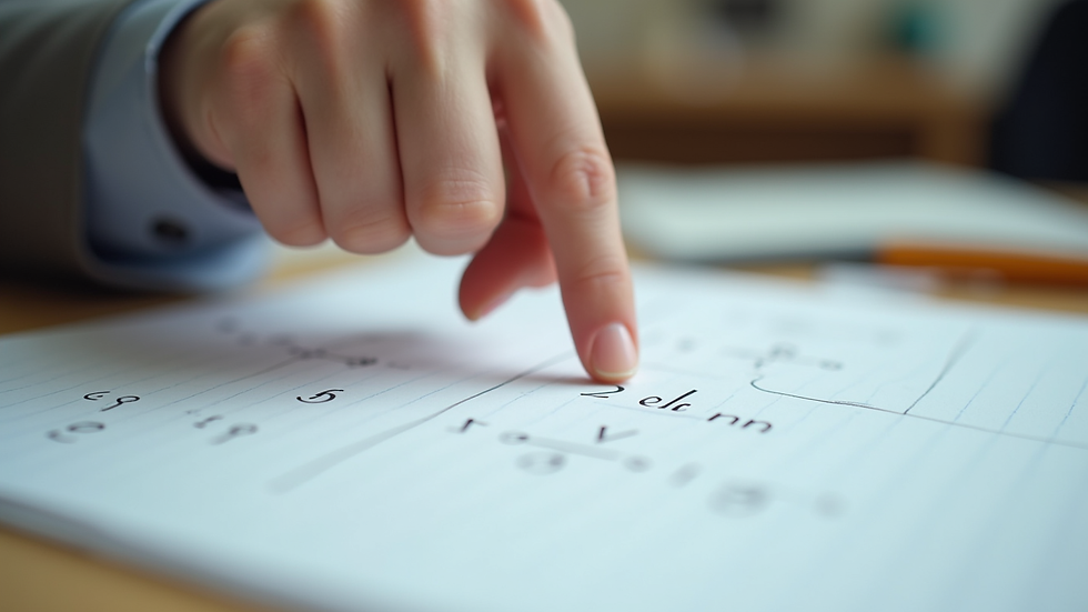 Close-up view of a tutor’s hand pointing at a math problem on paper