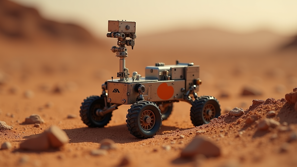 High angle view of a homemade Mars rover model made from craft supplies