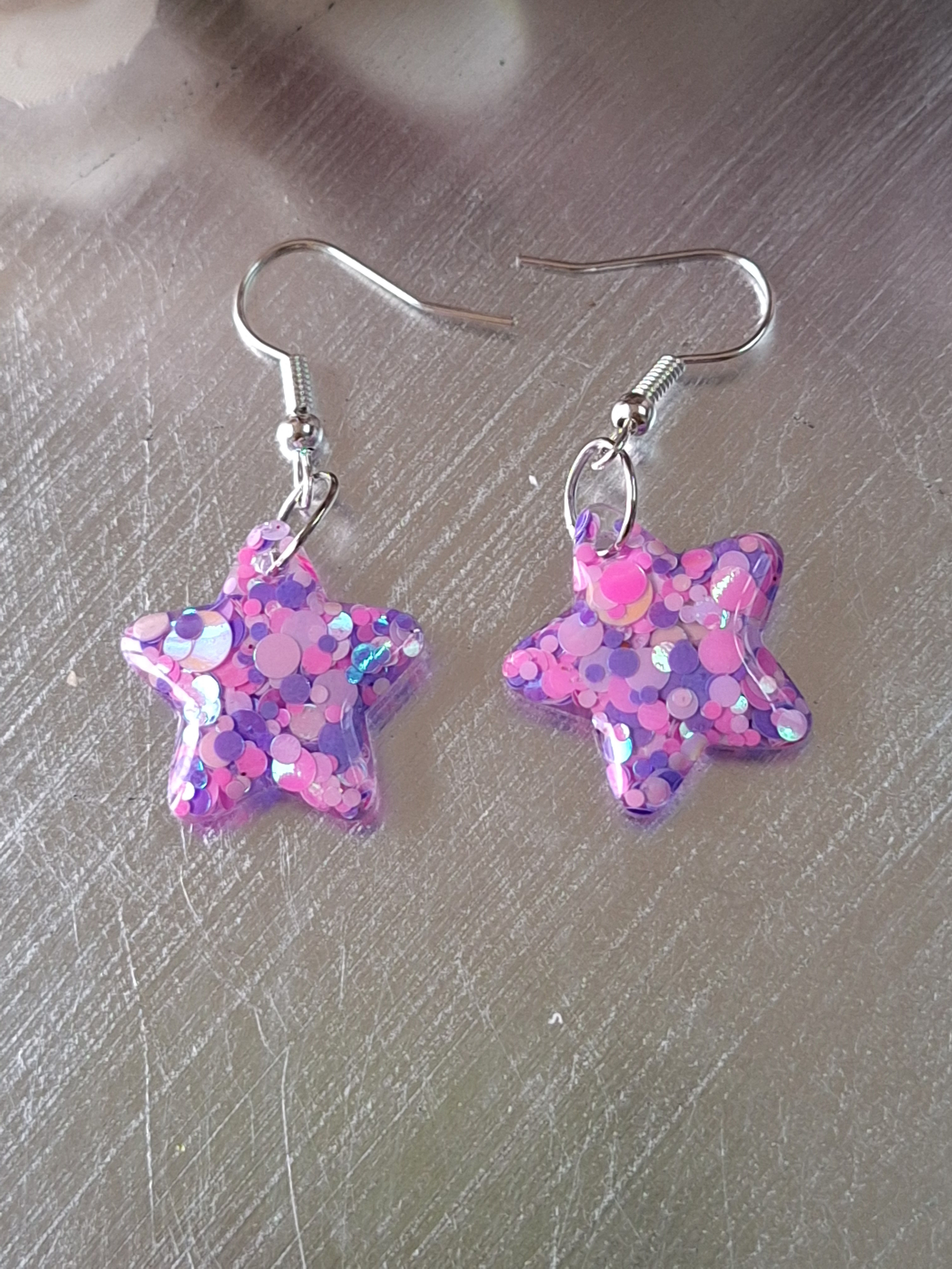 Handmade purple and pink puffy star earrings